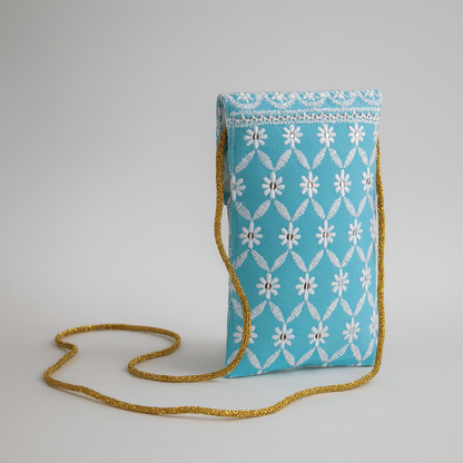 Cotton Sling Bag Sky Blue with Embroidery and Golden Strap