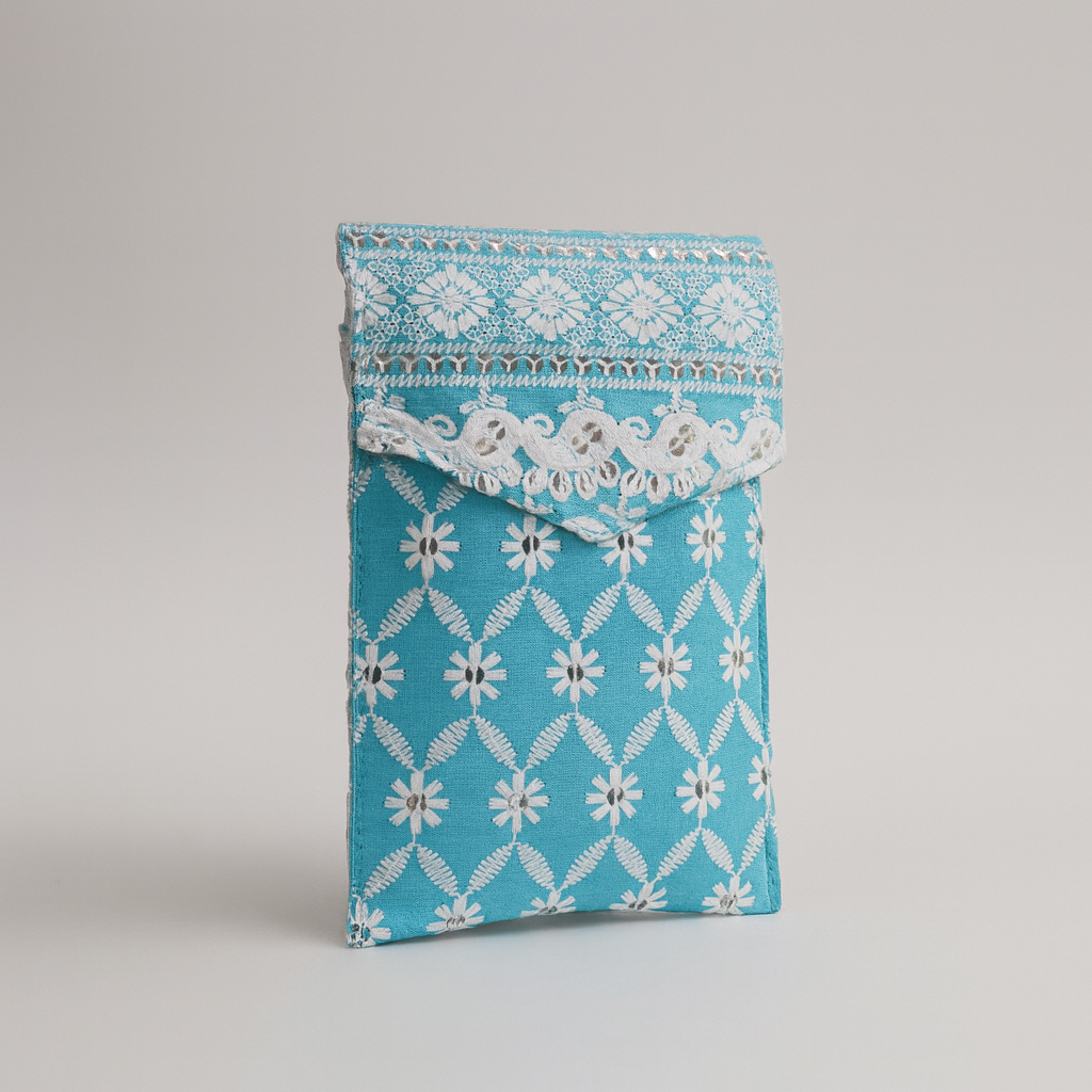 Cotton Sling Bag Sky Blue with Embroidery and Golden Strap