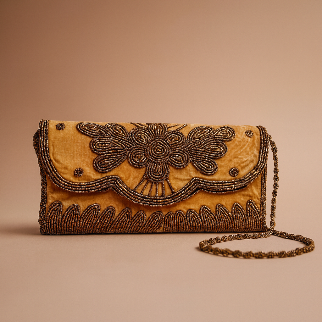 Velvet Beaded Clutch Bag with Chain Strap