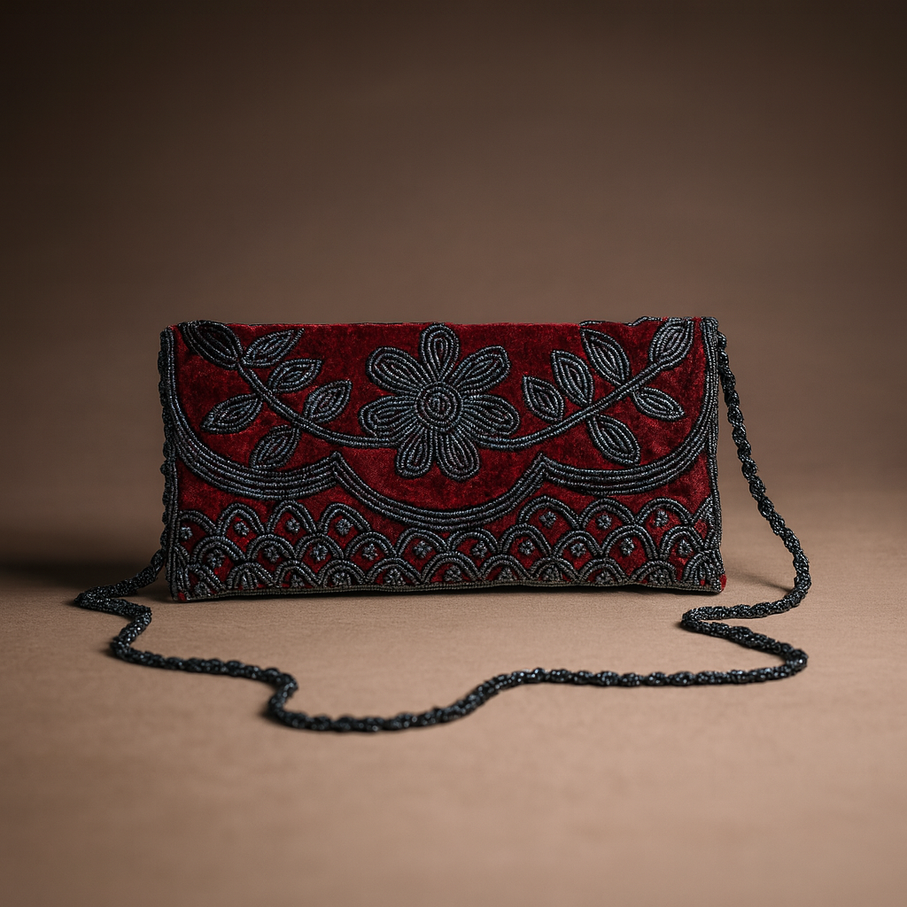 Red Beaded Clutch Bag with Floral Embroidery and Chain Strap
