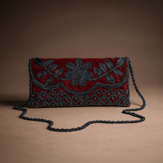 Red Beaded Clutch Bag with Floral Embroidery and Chain Strap