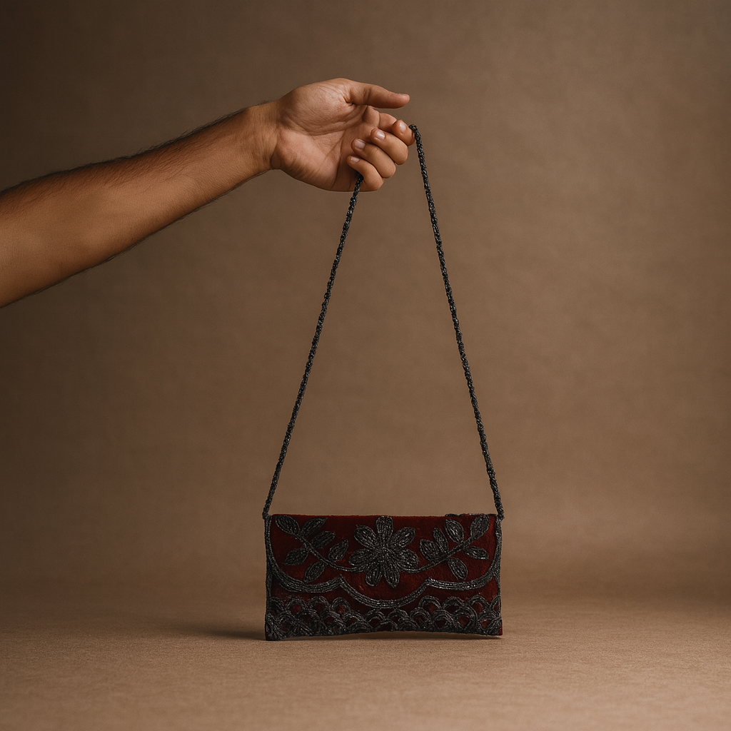 Red Beaded Clutch Bag with Floral Embroidery and Chain Strap