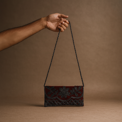Red Beaded Clutch Bag with Floral Embroidery and Chain Strap