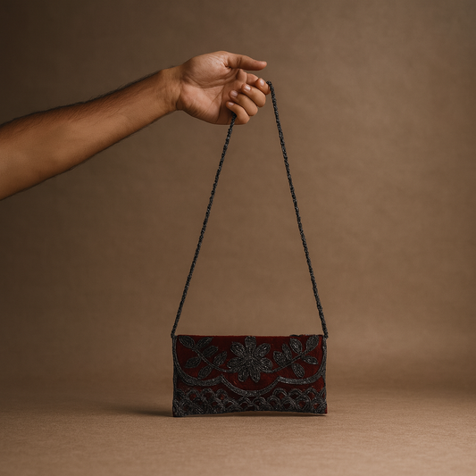 Red Beaded Clutch Bag with Floral Embroidery and Chain Strap