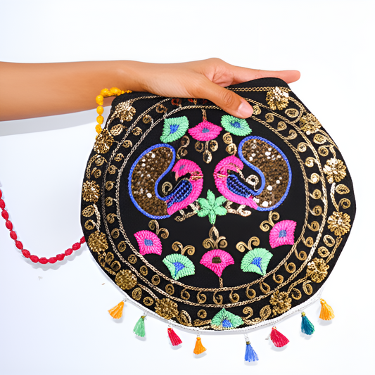 Cotton Cross Body Bag Embroidered Peacock Design with Colorful Tassels