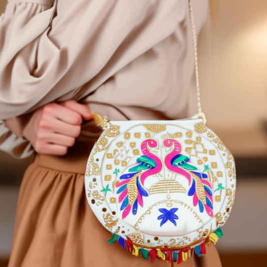 Cotton Cross Body Bag Embroidered Bird Design with Colorful Tassels