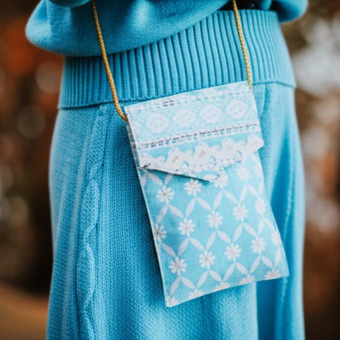 Cotton Sling Bag Sky Blue with Embroidery and Golden Strap