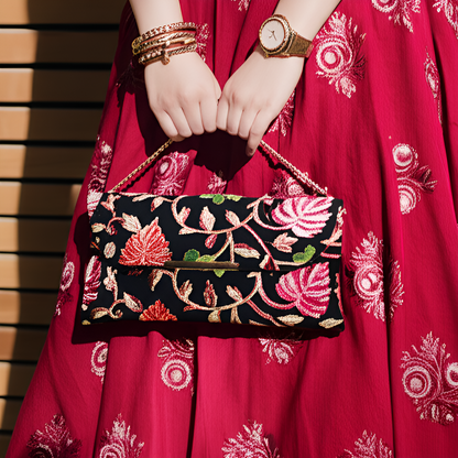 Black Clutch Bag with Golden Chain for Women