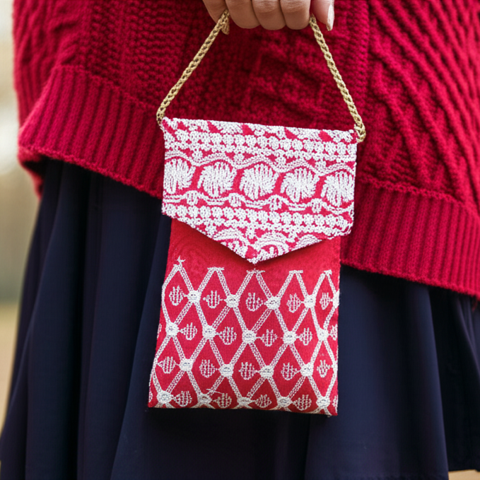 Red Cotton Sling Bag with White Embroidery and Golden Strap
