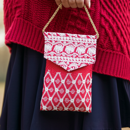 Red Cotton Sling Bag with White Embroidery and Golden Strap