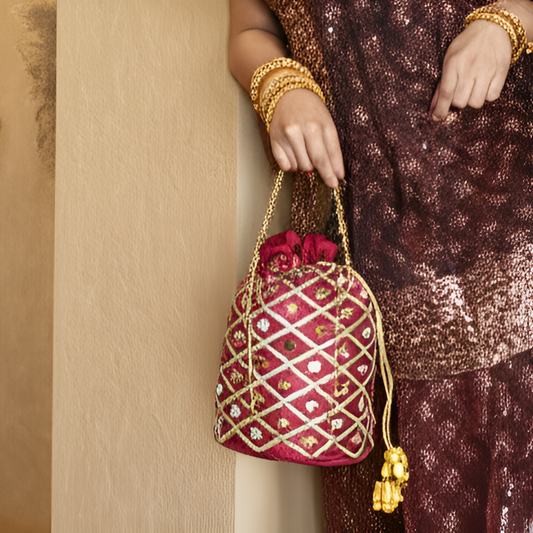 Cotton Red Potli Bag with Mirror Work and Beads