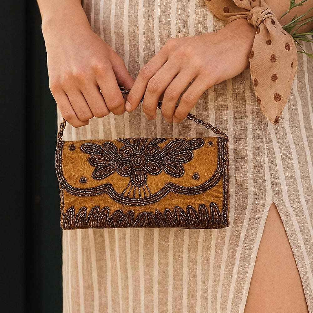 Velvet Beaded Clutch Bag with Chain Strap