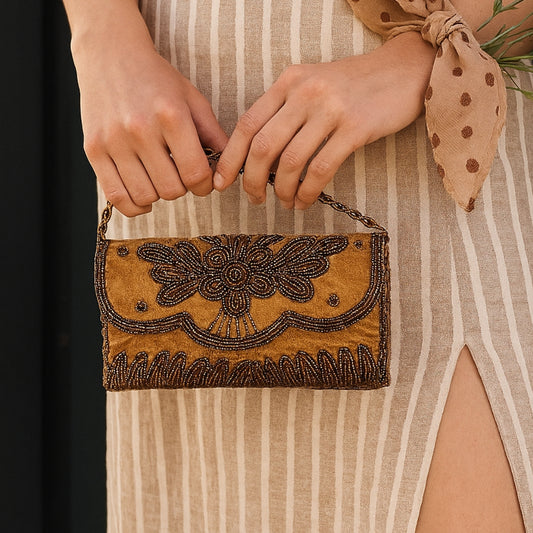 Velvet Beaded Clutch Bag with Chain Strap