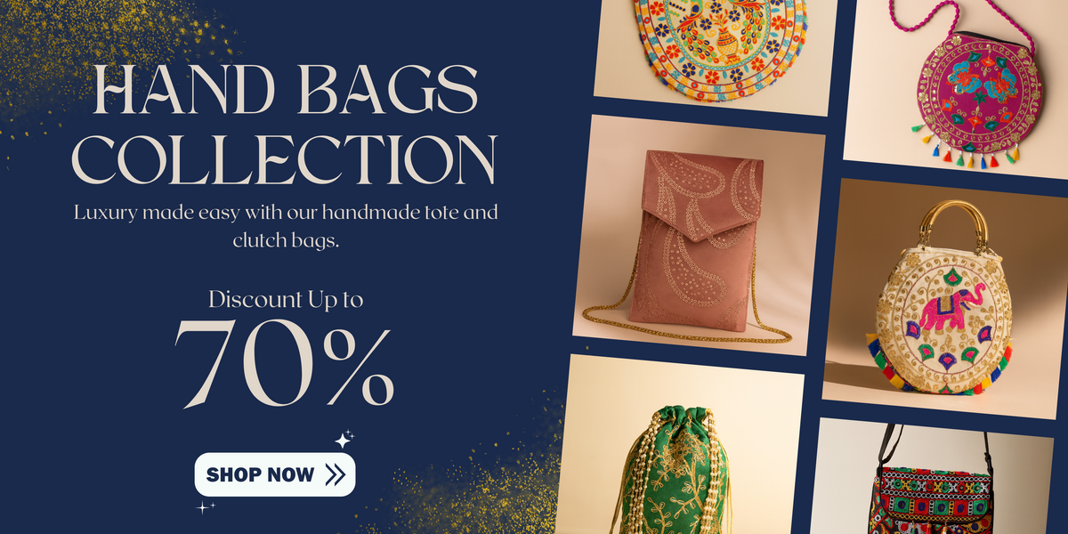 Handbag collection with various designs on a blue background, featuring a discount offer.